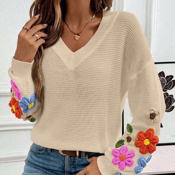 Apricot Casual Women's V-Neck Crochet Lantern Sleeve Pullover Sweater - Picture 4 of 7